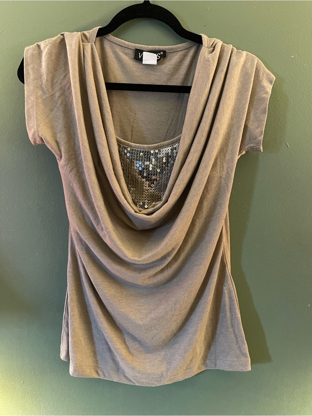VENUS Taupe Cowl Neck Sequin Inset Women's Top